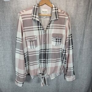 New York Laundry Pink Plaid Blouse Front Tie Large Pockets Long Sleeve Dressy